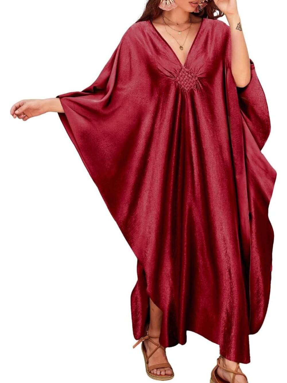 Women's Plus Size Dark Red Kaftan Maxi Dress V Neck Batwing Swimsuit Cover Up